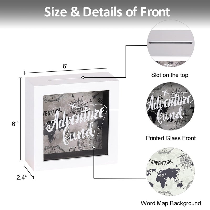 UMICAL 6x6 Inch Adventure Fund White Shadow Box Frame Display Case Decorative Wooden Money Savings Bank Travel Fund Box Memory Box with World Map Background - Image 5